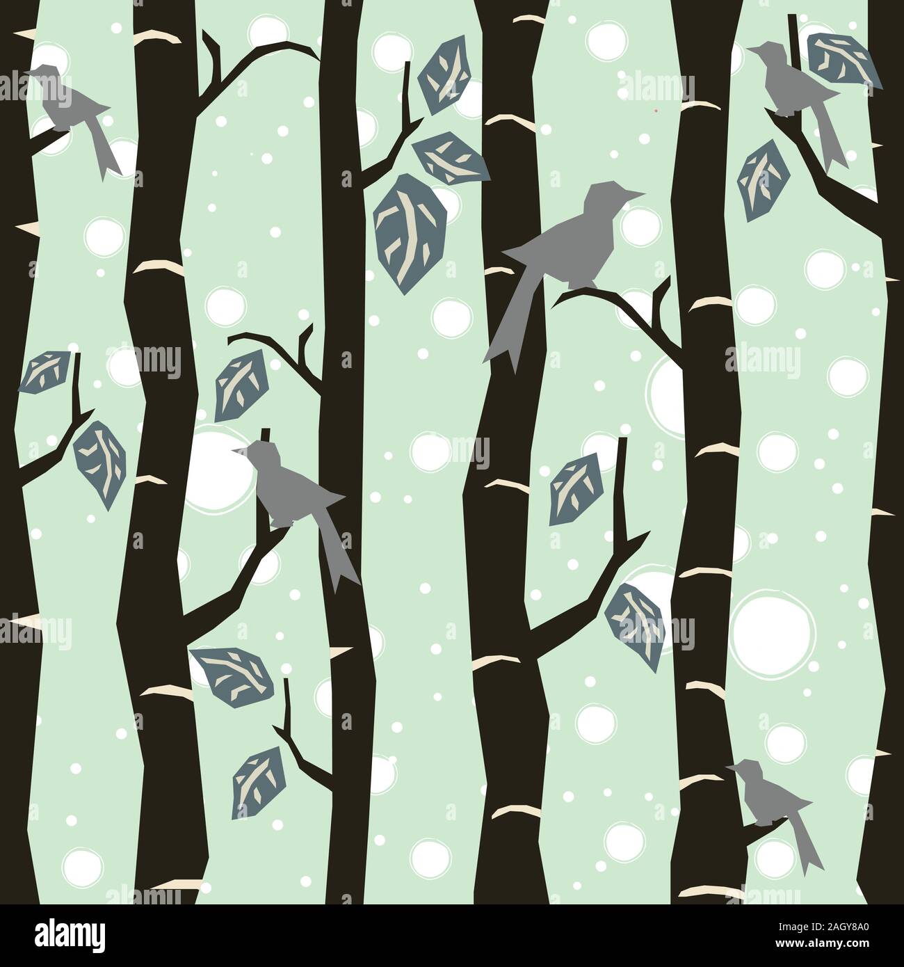 Seamless Tree Pattern with big birds and leaves. Vector Illustration. Stock Vector