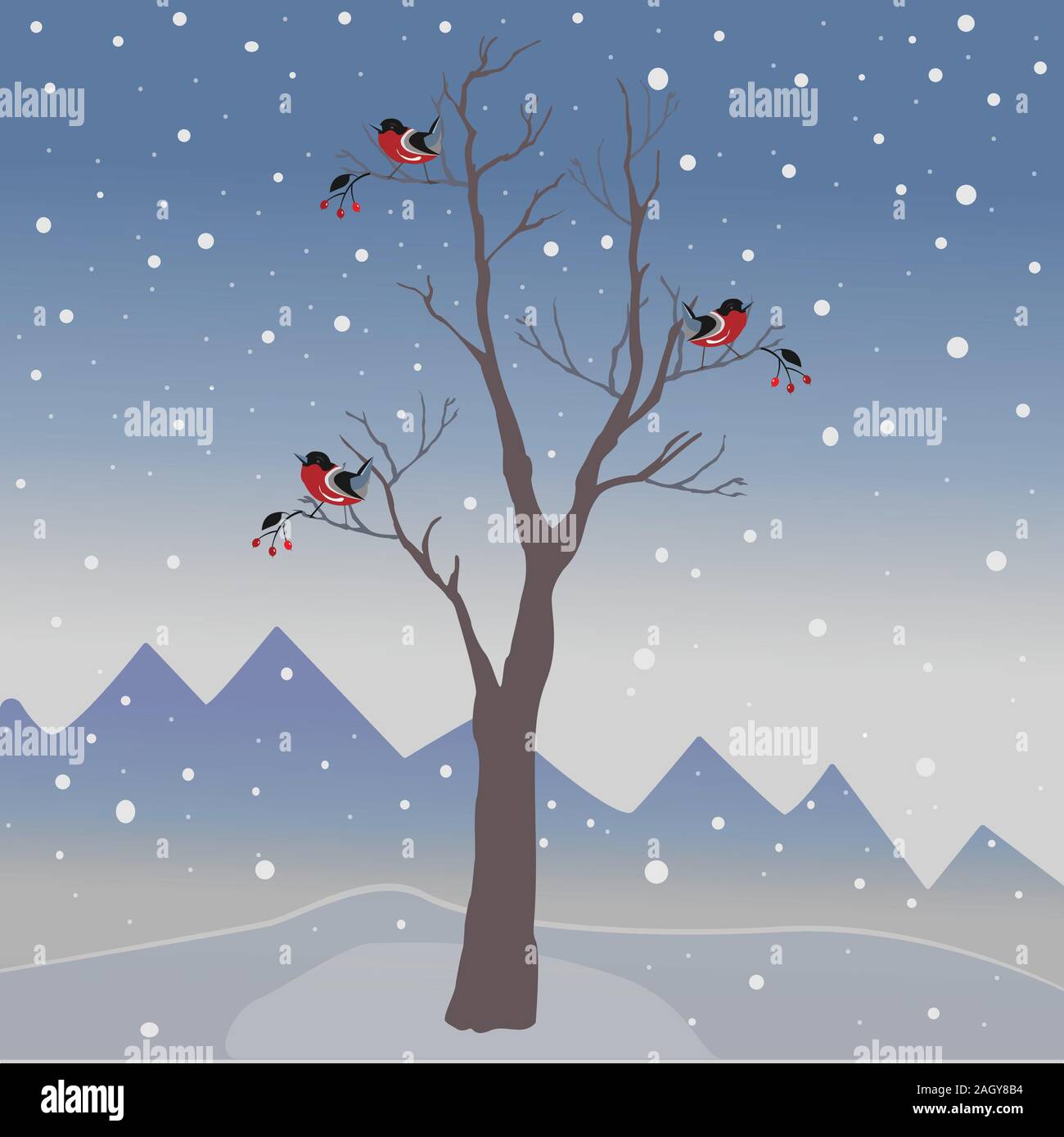 Winter Tree with few berries and Red Birds on a cold looking background ...