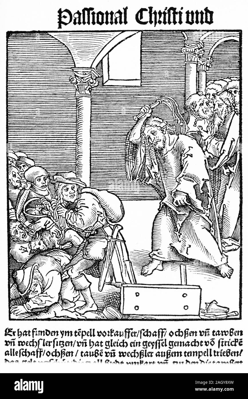 Leftt hand panel of  an illustration entitled Passional Christi und Anrtichristi, contrasting Jesus Christ driving out the moneychangers, and the unbiblical pope gathering money into his treasury. By Lucas Cranach the Elder. Stock Photo