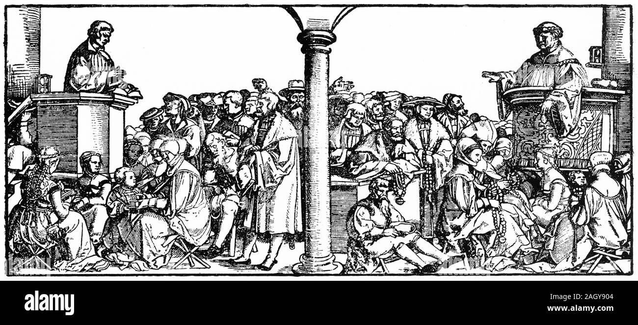 Engraving of the worship services of the Reformers (left) and Papists (right). An old man in the centre gestures to each panel. A girl reads the scriptures during the well attended Protestant meeting, while the catholic priest is largely ignored by his congregation as they count their rosary beads. Stock Photo