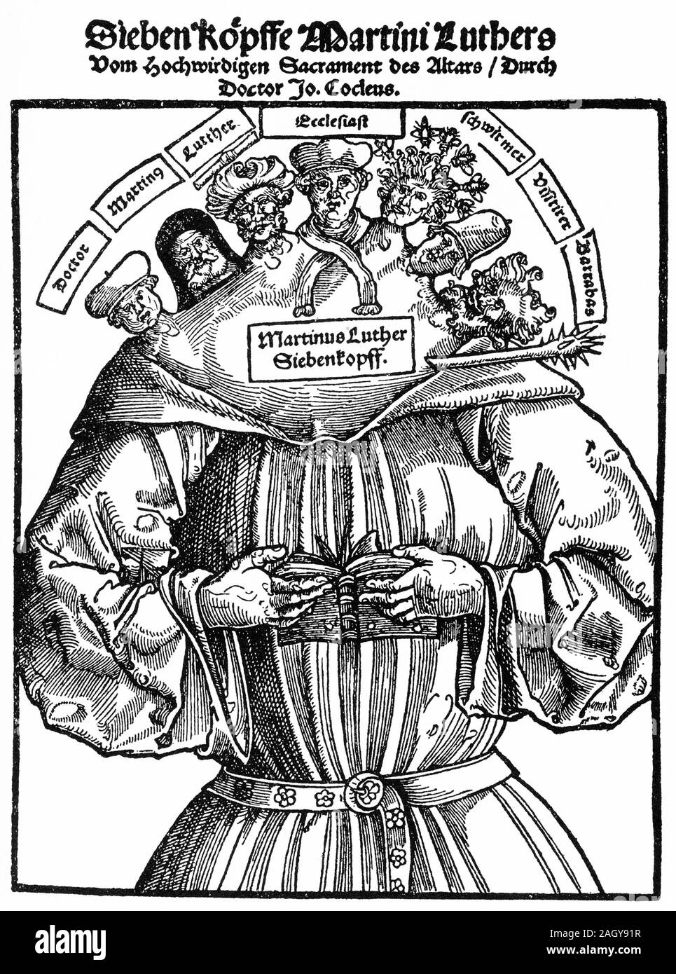 Engraving of martin Luther as a seven-headed monster, one of which has wasps in his hair. Stock Photo