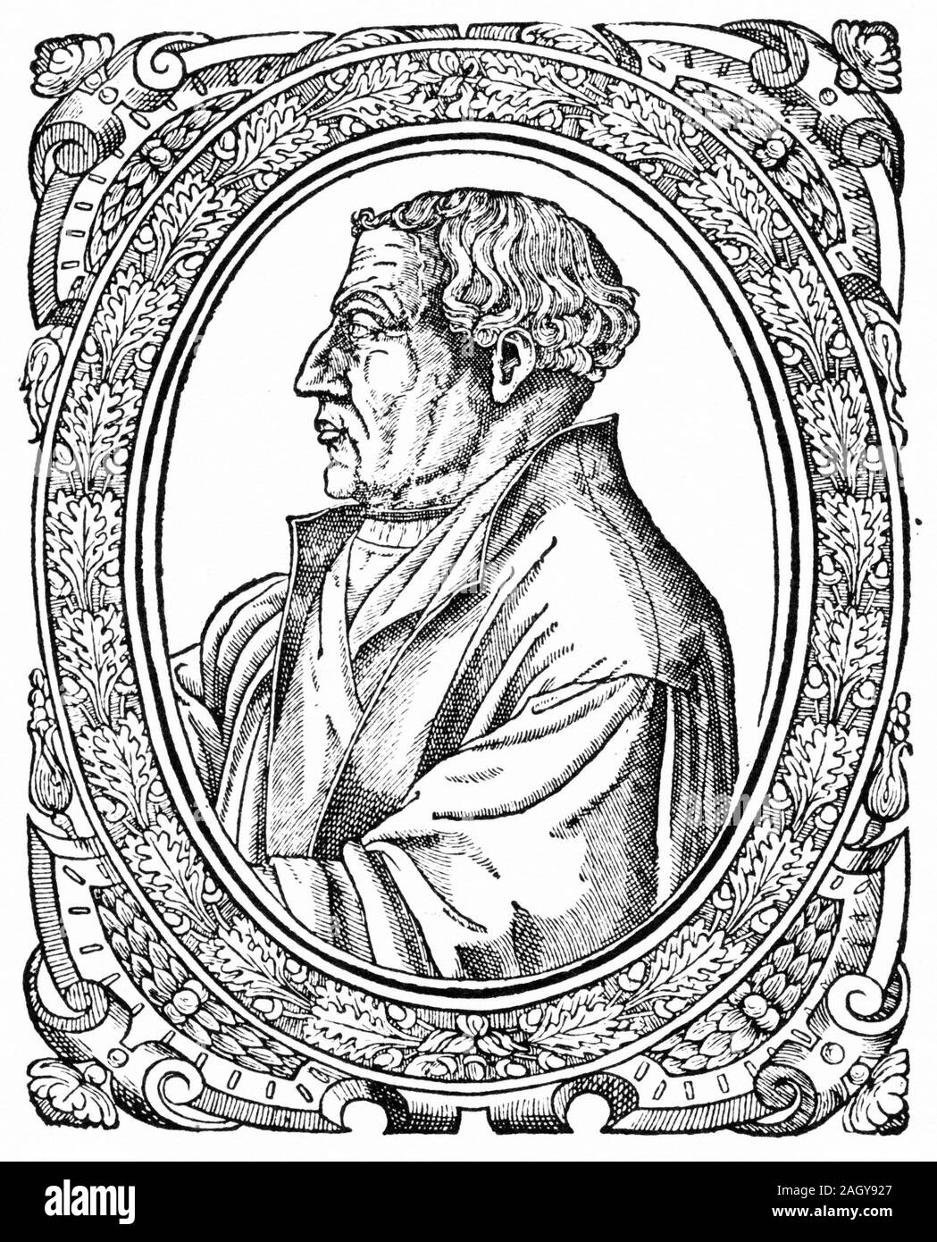 Engraving of Martin Bucer (aka Butzer 1491 – 1551)  German Protestant reformer in the Reformed tradition based in Strasbourg who influenced Lutheran, Calvinist, and Anglican doctrines and practices. Stock Photo