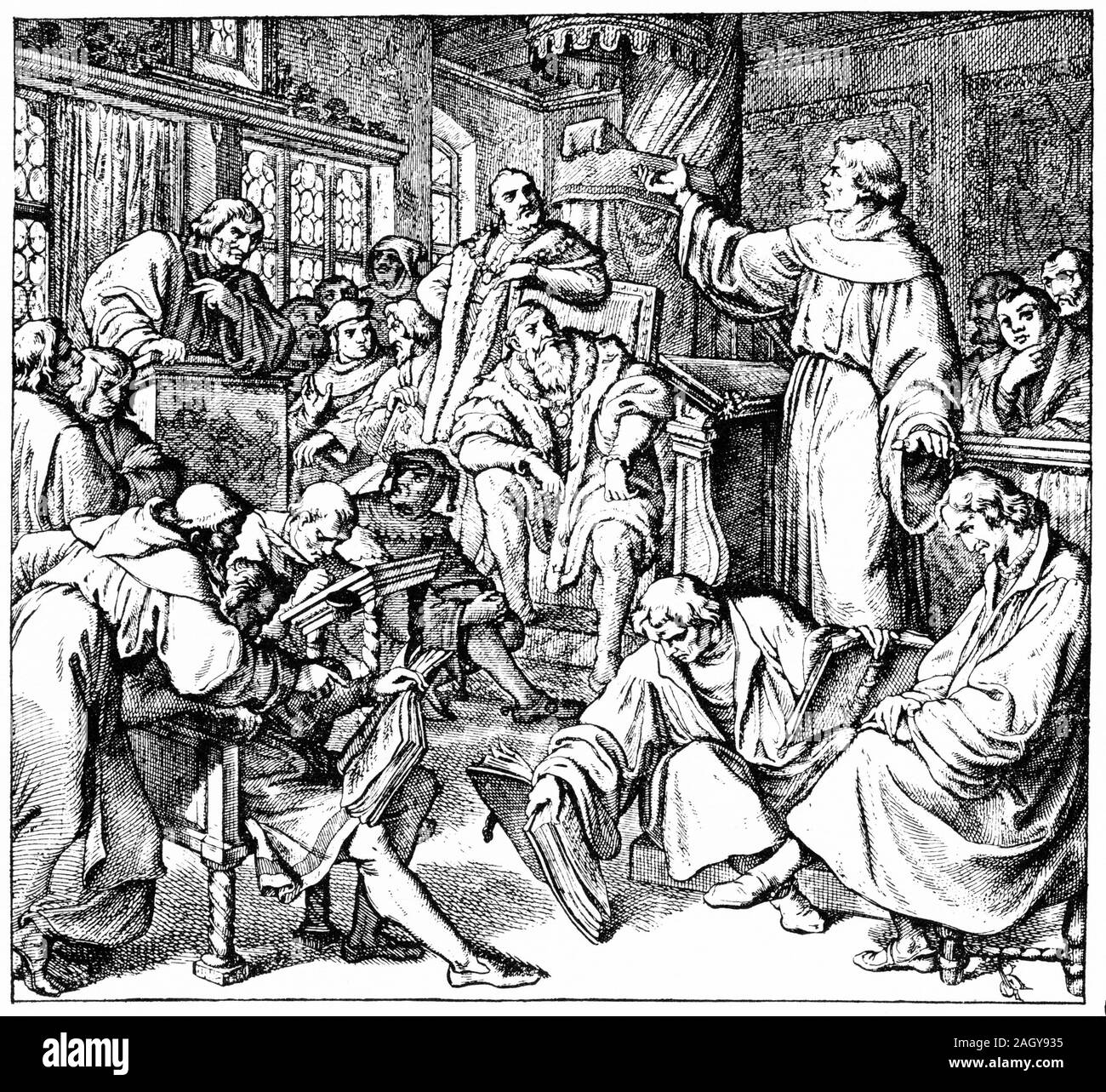Engraving of the Leipzig Debate (German: Leipziger Disputation) a theological disputation originally between Andreas Karlstadt, Martin Luther, and Johann Eck in June and July 1519 at Pleissenburg Castle in Leipzig, Germany. Stock Photo