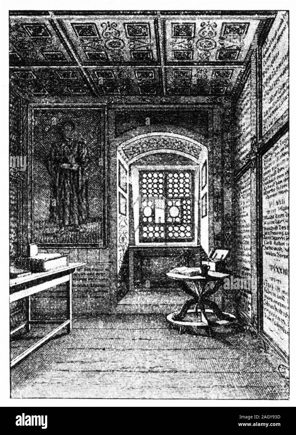 Engraving of Martin Luther's monastery room at Erfurt during his time studying law. Stock Photo