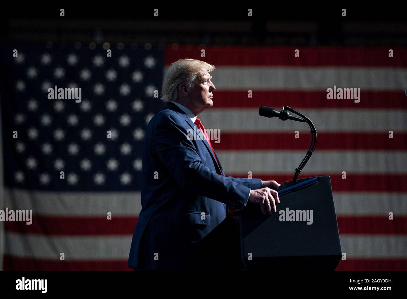 U.S President Donald Trump delivers remarks at the Turning Point USA 5th annual Student Action Summit at the Palm Beach County Convention Center December 21, 2019 in West Palm Beach, Florida. Trump rallied the youth conservative group with wild claims on wind turbines and attacks on his opponents. Stock Photo