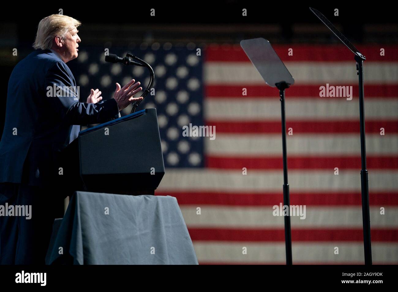U.S President Donald Trump delivers remarks at the Turning Point USA 5th annual Student Action Summit at the Palm Beach County Convention Center December 21, 2019 in West Palm Beach, Florida. Trump rallied the youth conservative group with wild claims on wind turbines and attacks on his opponents. Stock Photo