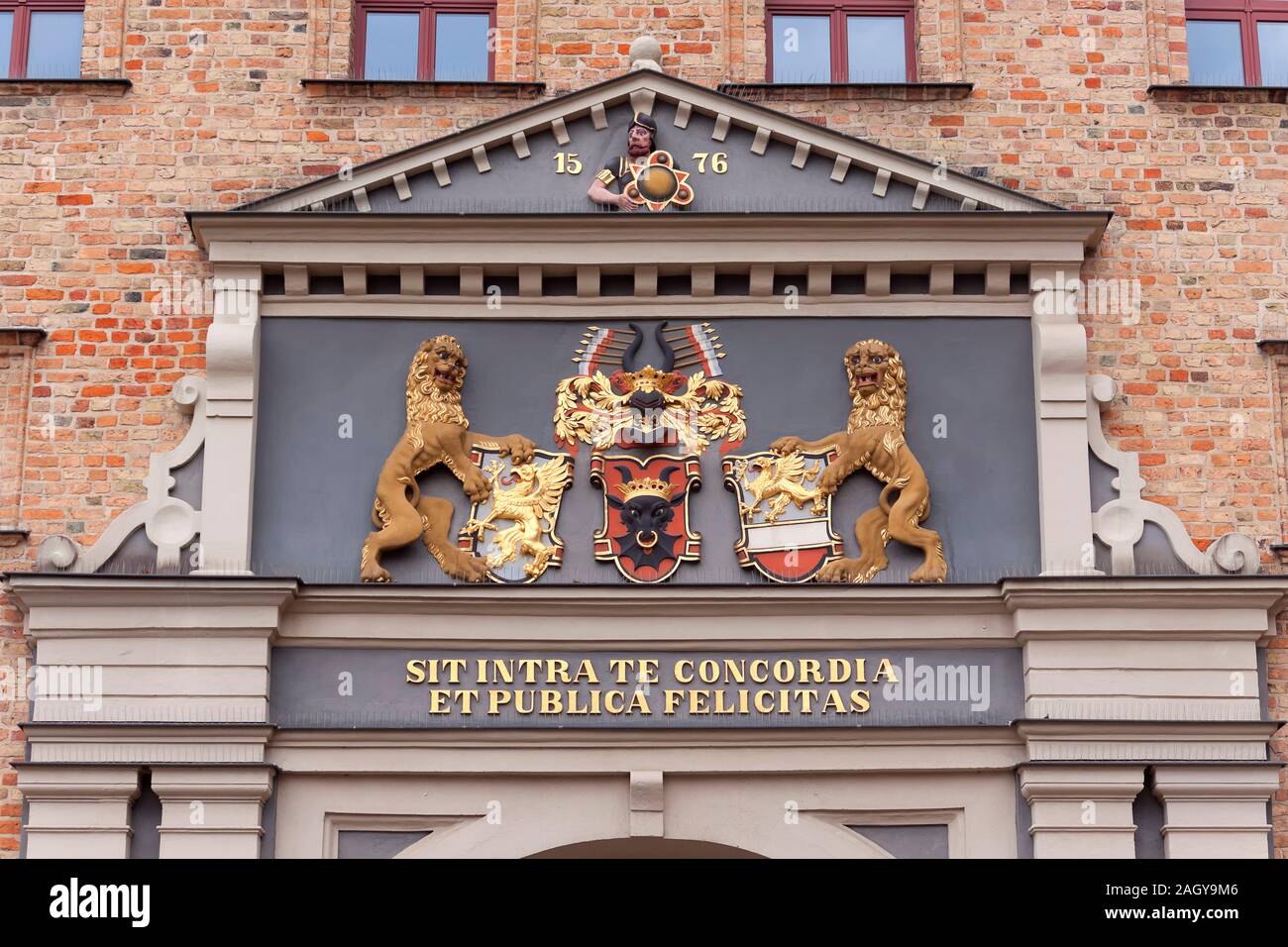 Stone Gate Rostock Stone gate with inscription, seal and city coat of arms, city gate ...