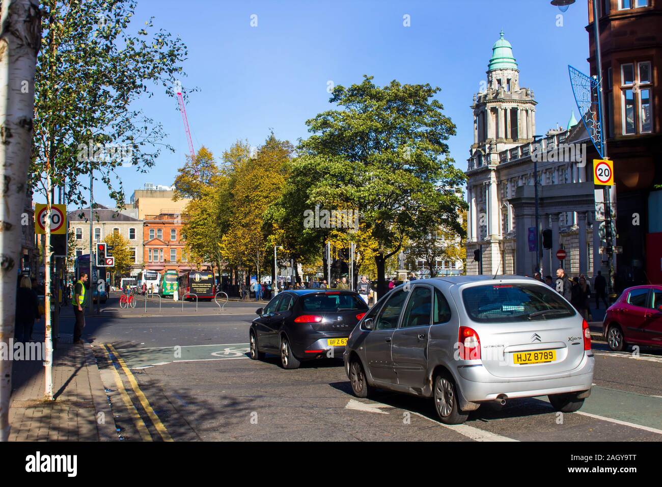 16 October 2019 Traffic stopped at traffic lights at the corner of Bedford Street and Howard Street in Belfast Northern Ireland with the west side of Stock Photo