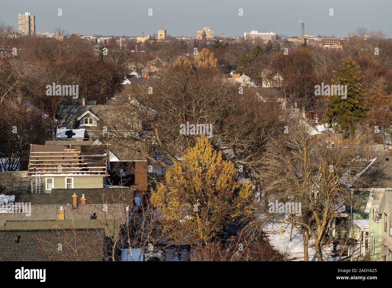 Rochester, New York, USA. December 21, 2019. Aerial view from  the Highland neighborhood of Monroe County , NY with the city iof Rochester in the dist Stock Photo