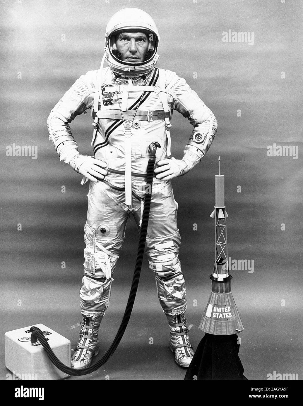 Project Mercury Astronaut Walter Schirra in full pressure suit, astronaut Walter M. Schirra, one of the original seven astronauts for Mercury Project selected by NASA on April 27, 1959 Stock Photo