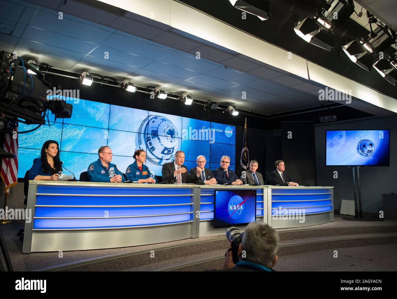 NASA and Boeing officials during a press conference following the launch of Boeing Starliner spacecraft onboard a United Launch Alliance Atlas V rocket at the Kennedy Space Center December 20, 2019 in Cape Canaveral, Florida. Sitting from left to right are: NASA Assoc. Adm for Communications Bettina Inclan, NASA astronauts Michael Fincke and Nicole Mann, NASA Administrator Jim Bridenstine, Tory Bruno, CEO of United Launch Alliance, Jim Chilton, senior vice president of Boeing Space and Launch Division, Steve Stich, Deputy Manager of NASA Commercial Crew Program, and NASA ISS Program Manager Ki Stock Photo