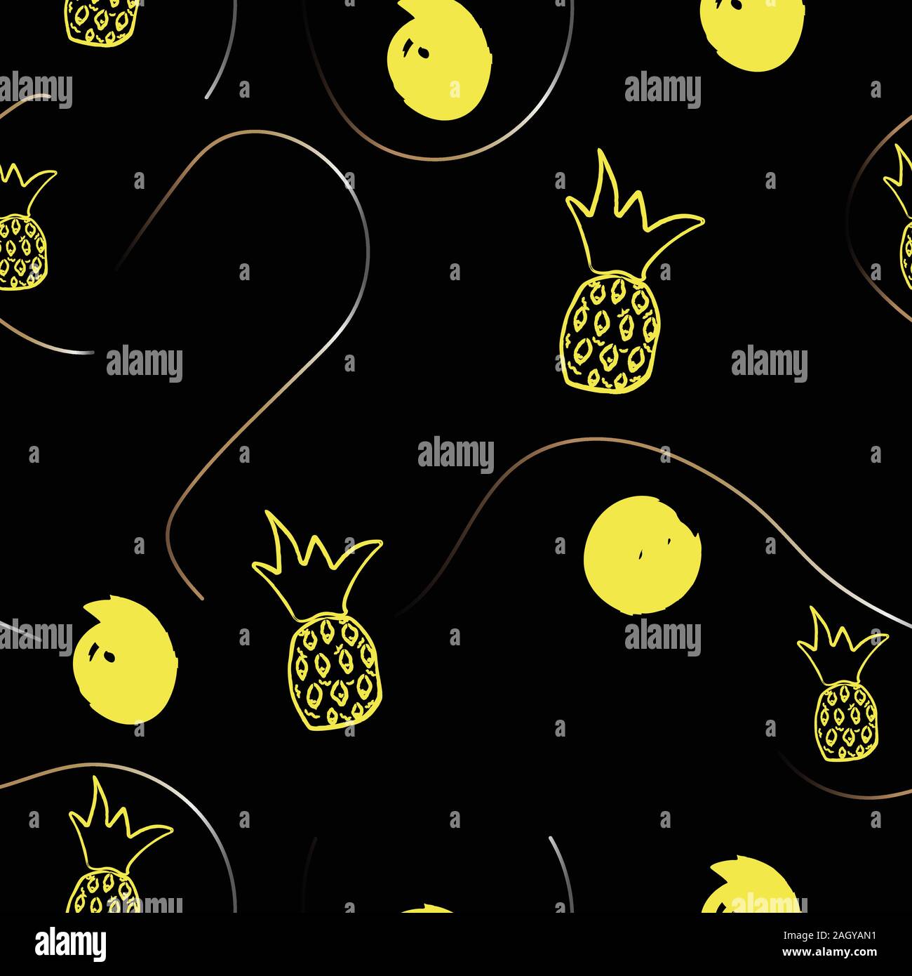 Seamless golden pineapple pattern on dark background. Repeating exotic pineapple pattern. Vector Illustration Stock Vector