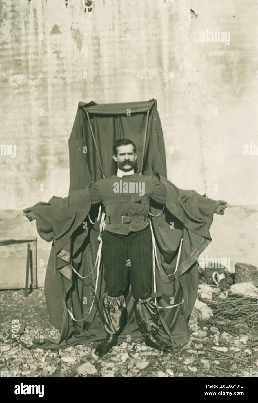 Franz Reichelt (1878 – 1912), Frantz Reichelt or François Reichelt, an Austrian-born French inventor and parachuting pioneer, now sometimes referred to as the Flying Tailor, who is remembered for jumping to his death from the Eiffel Tower while testing a wearable parachute of his own design. Stock Photo