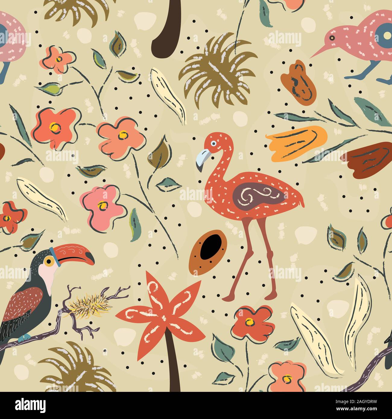Flamingo, Toucan and kiwi bird. Exotic Bird Seamless Pattern. Vector ...