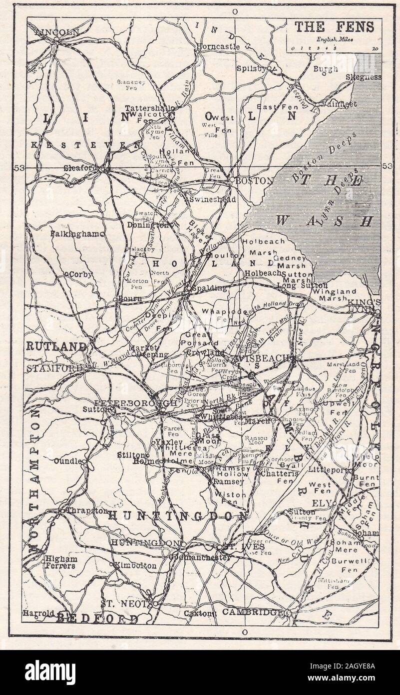Vintage map of The Fens, also known as the Fenlands, a coastal plain in eastern England. Stock Photo