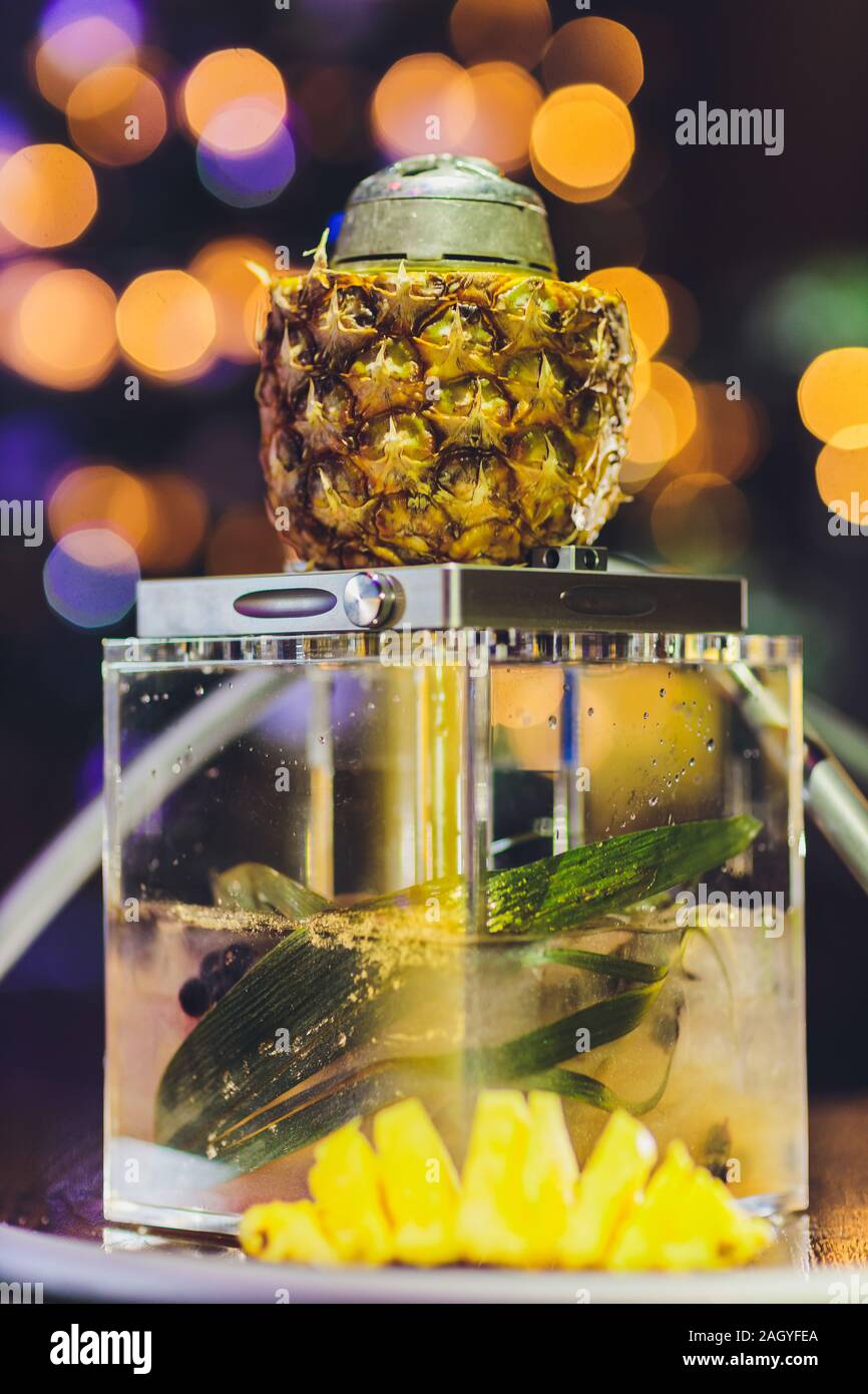 Shisha With Fruit Bowl With Colorful Smoke In Hookah Bar Closeup Stock  Photo - Alamy
