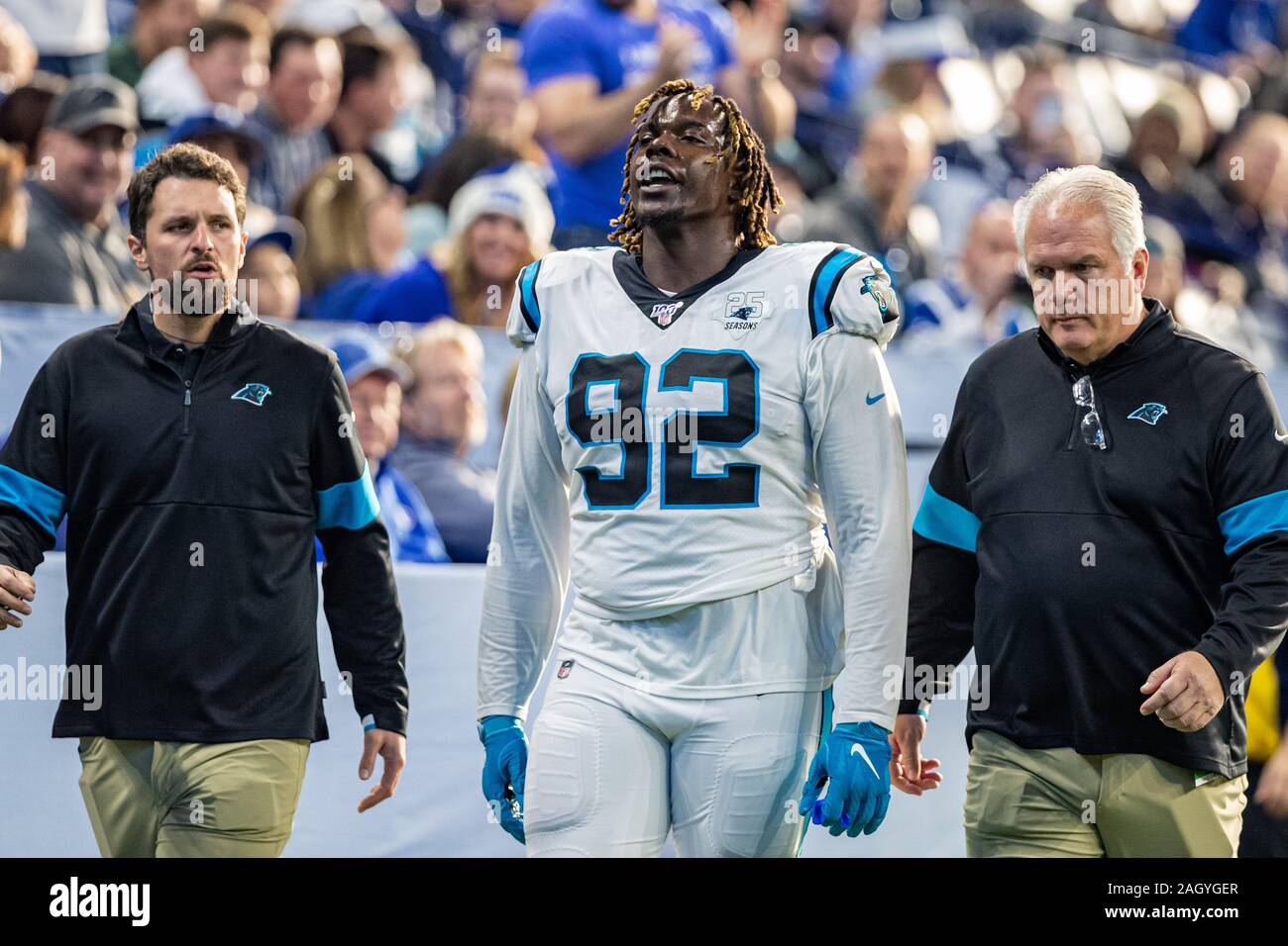 Indianapolis, Indiana, USA. 22nd Dec, 2019. Carolina Panthers defensive tackle Vernon Butler (92) is escorted off the field after being ejected in the seoond half of the game between the Carolina Panthers and the Indianapolis Colts at Lucas Oil Stadium, Indianapolis, Indiana. Credit: Scott Stuart/ZUMA Wire/Alamy Live News Stock Photo