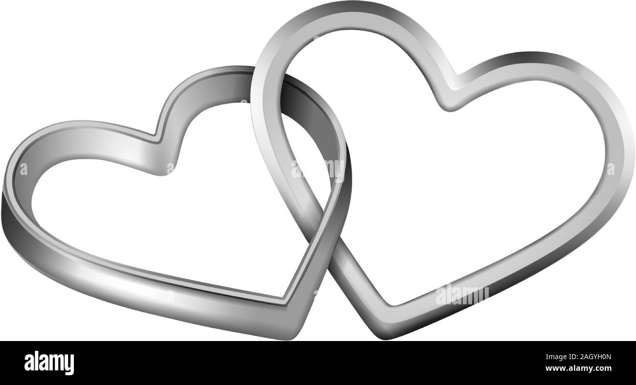 isolated intertwined heart shaped silver rings for wedding and valentine's day Stock Vector