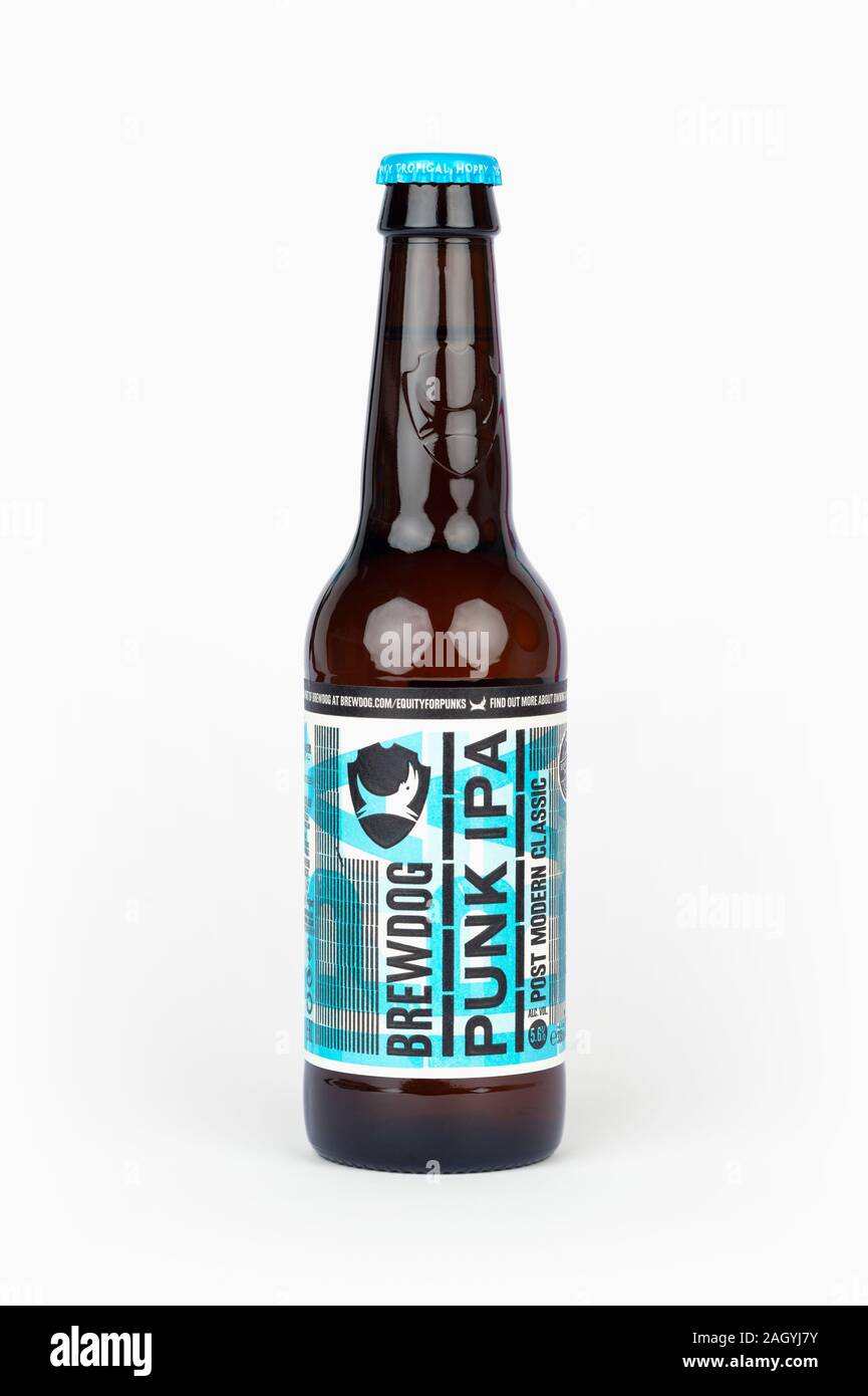 A bottle of Brewdog Punk IPA shot on a white background. Stock Photo