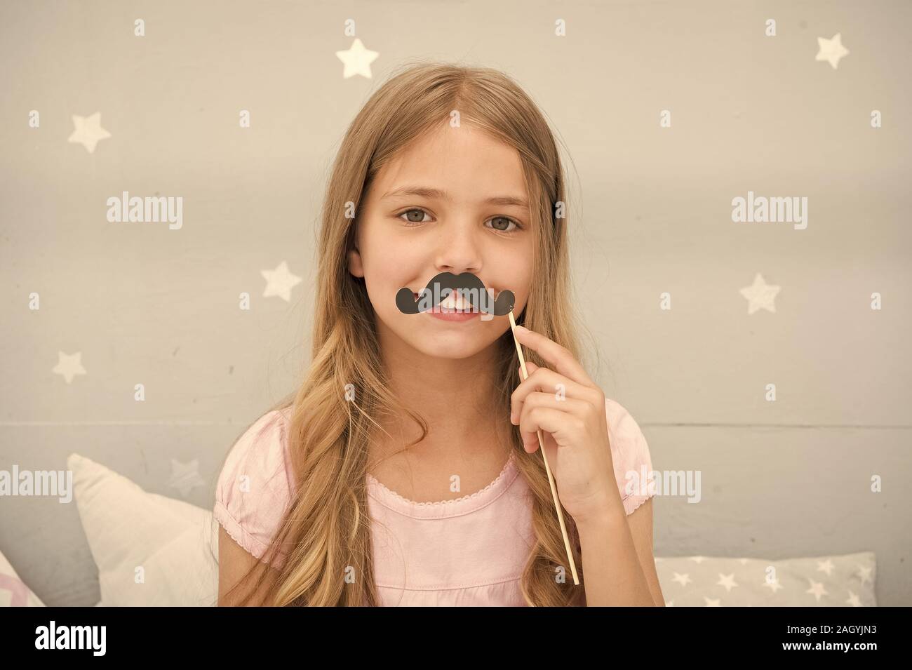 Having Fun With Fake Mustache Happiness And Humor Concept Kid