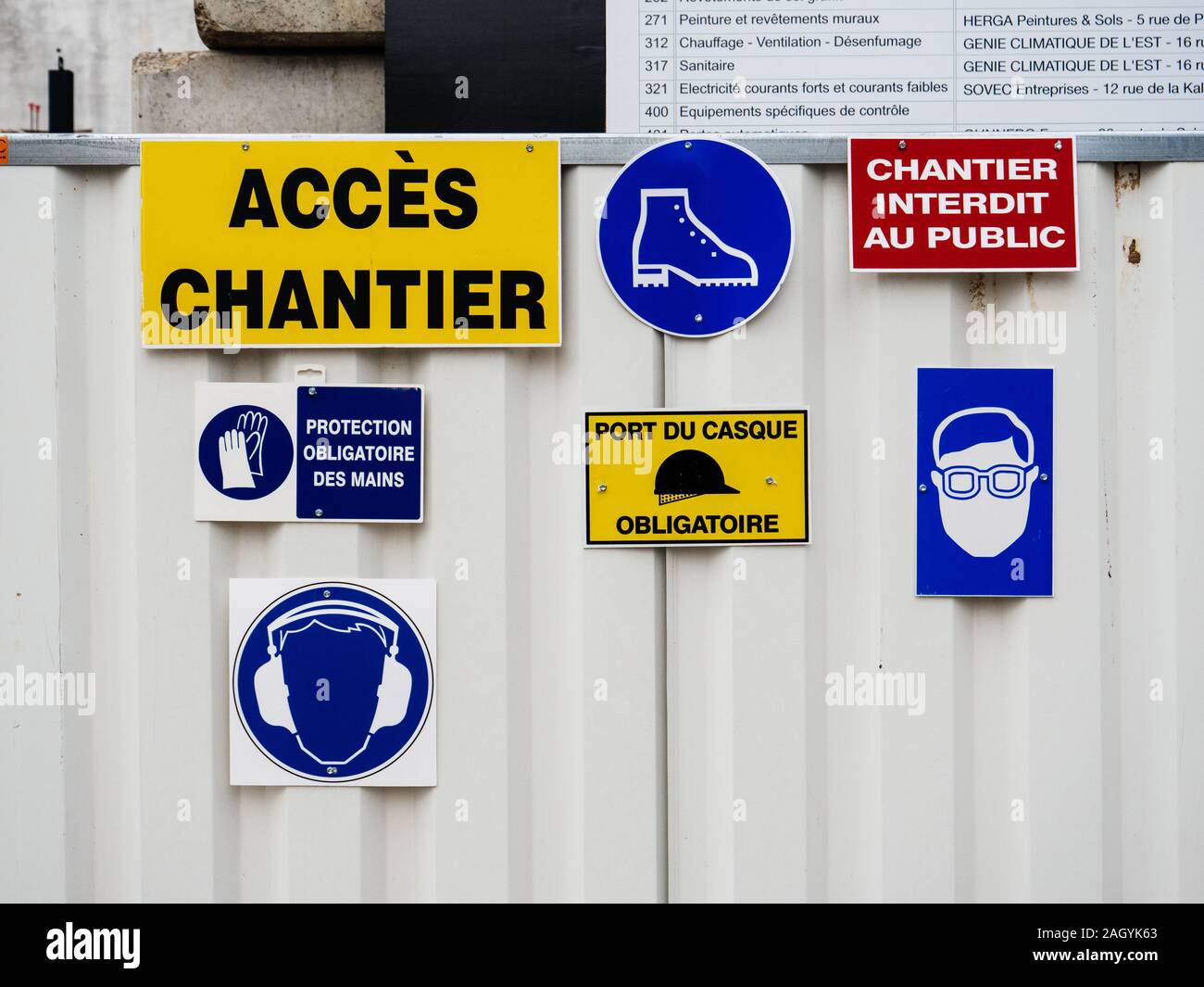 Paris, France - Jan 1, 2018: Multiple safety regulation signs on the  construction site protection of head, eyes, ears and red forbidden for  public sign Stock Photo - Alamy