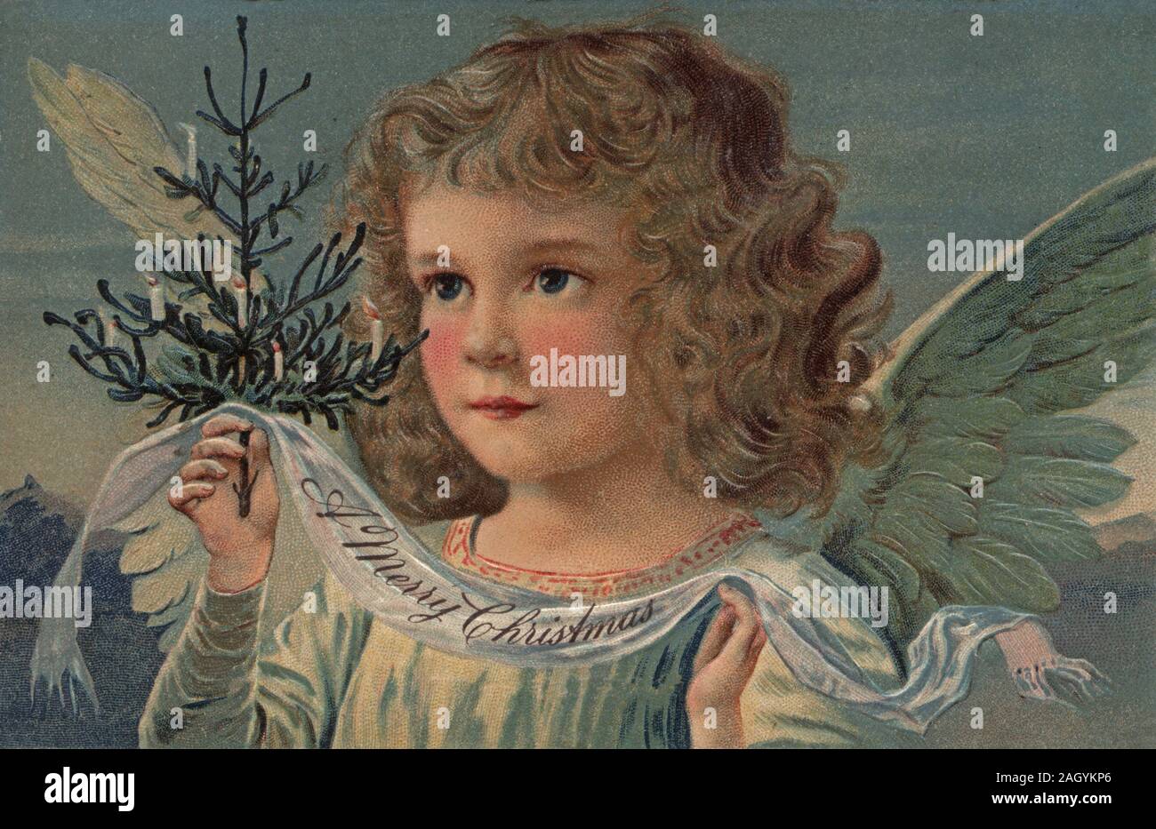 Vintage Postcard, Antique Greeting card, little girl as angel, holding a ribbon banner, tree with candles Stock Photo