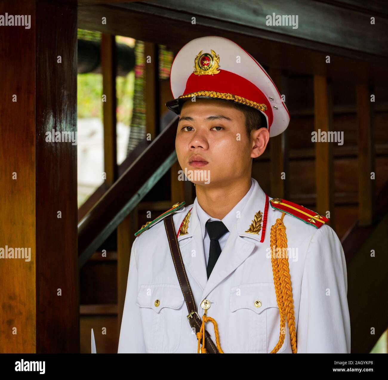 Military guard at wooden Stilt House, Ho Chi Minh Mausoleum Complex, Hanoi, Vietnam, Asia Stock Photo