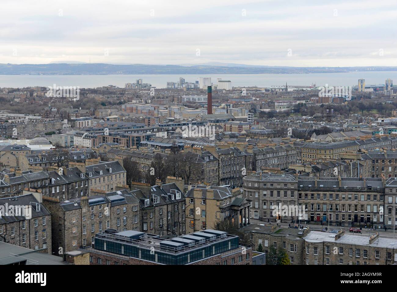 View from Calton Hill over Leith to the Firth of Forth on an overcast day in mid December. Edinburgh, Scotland, UK Stock Photo