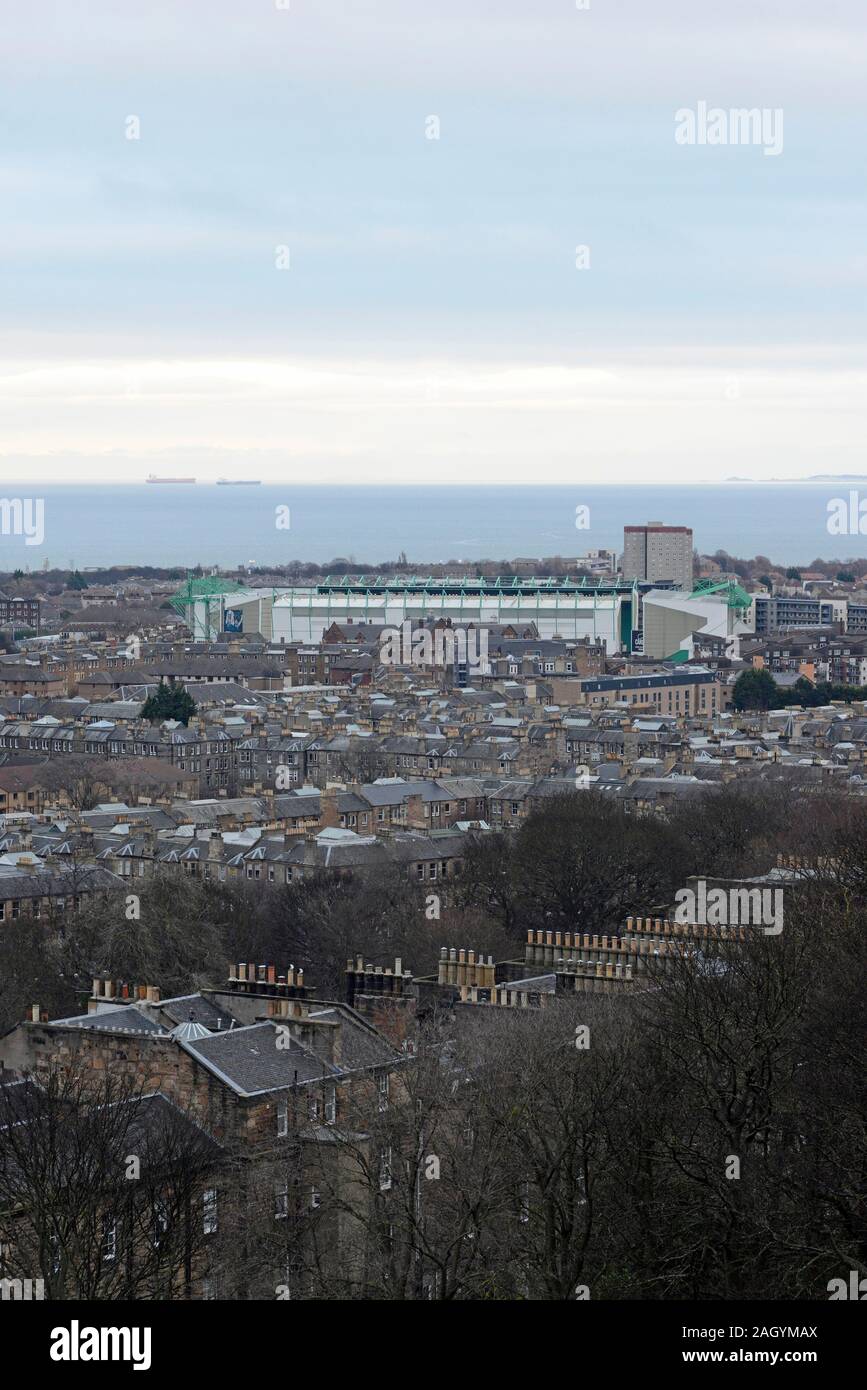 View from Calton Hill over Leith to the Firth of Forth on an overcast day in mid December, with Abbeyhill stadium prominent. Edinburgh, Scotland, UK Stock Photo