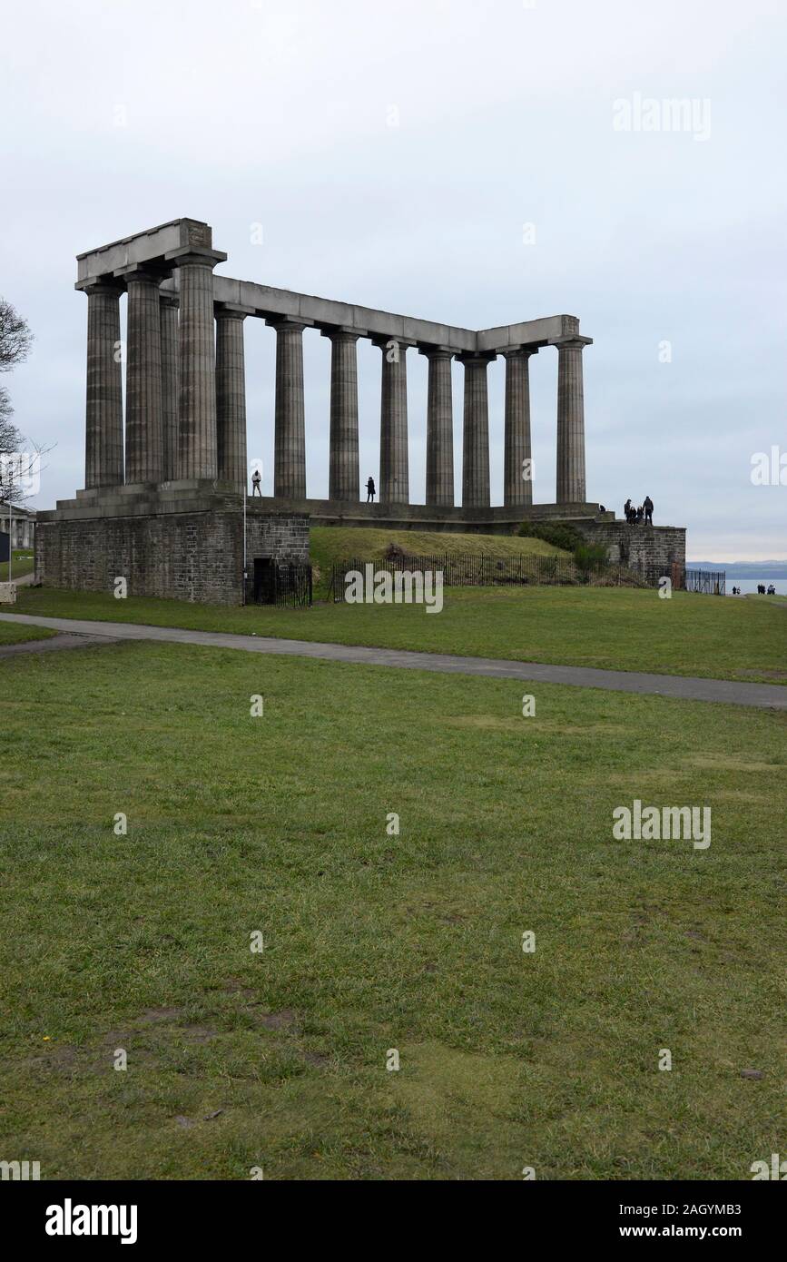 Scotland's National Monument on Calton Hill, Edinburgh, on a very overcast and dull day in mid-December. It's modeled on the Parthenon in Athens. Stock Photo