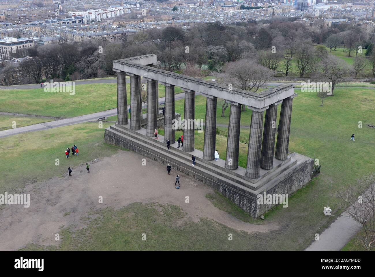 Scotland's National Monument on Calton Hill, Edinburgh, on a very overcast and dull day in mid-December. It's modeled on the Parthenon in Athens. Stock Photo