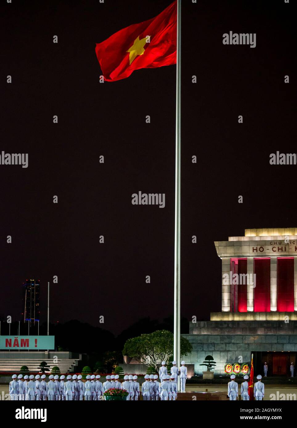 Night lowering of the Vietnamese flag, Ho Chi Minh Mausoleum, Ba Dinh Square, Hanoi, Vietnam, Asia Stock Photo