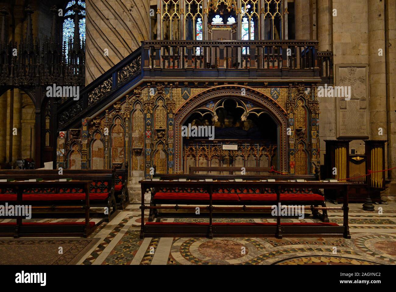 The Bishop's throne in Durham cathedral, UK, was built for Bishop Thomas Hatfield to be one inch higher than the Pope's. Stock Photo