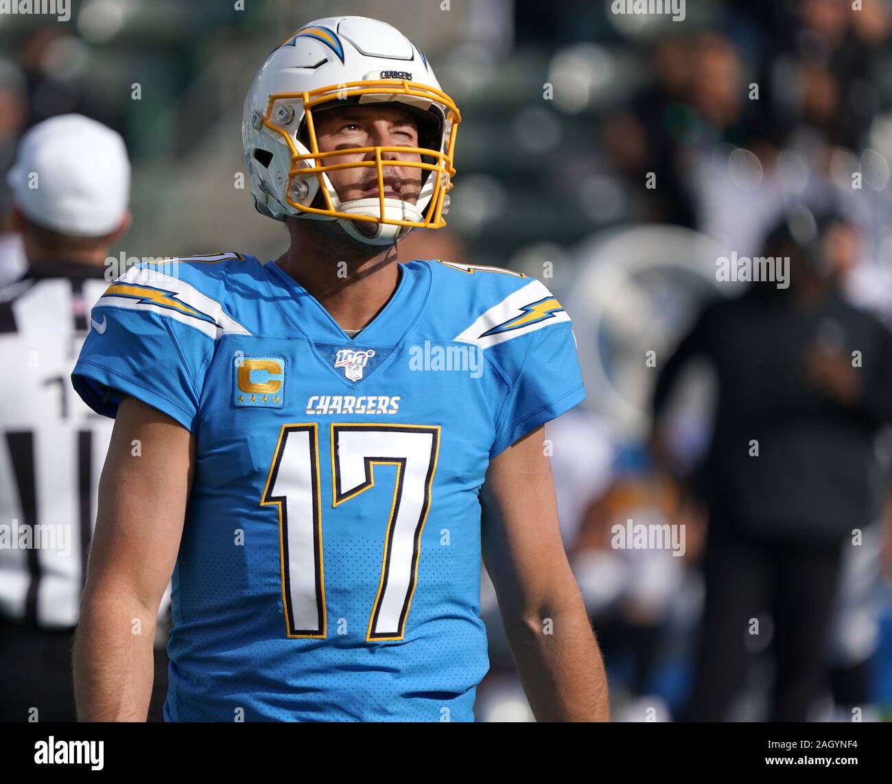 Carson, United States. 22nd Dec, 2019. Los Angeles Chargers' quarterback Philip Rivers looks on prior to his last game at Dignity Health Sports Park in Carson, California on Sunday, December 22, 2019. The Raiders defeated the Chargers 24-17. Photo by Jon SooHoo/UPI Credit: UPI/Alamy Live News Stock Photo