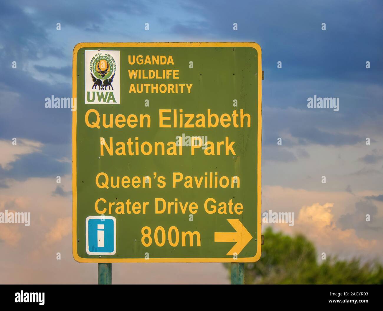 A road sign marking the entrance to Queen Elizabeth National Park, a popular safari destination in east Africa. Stock Photo