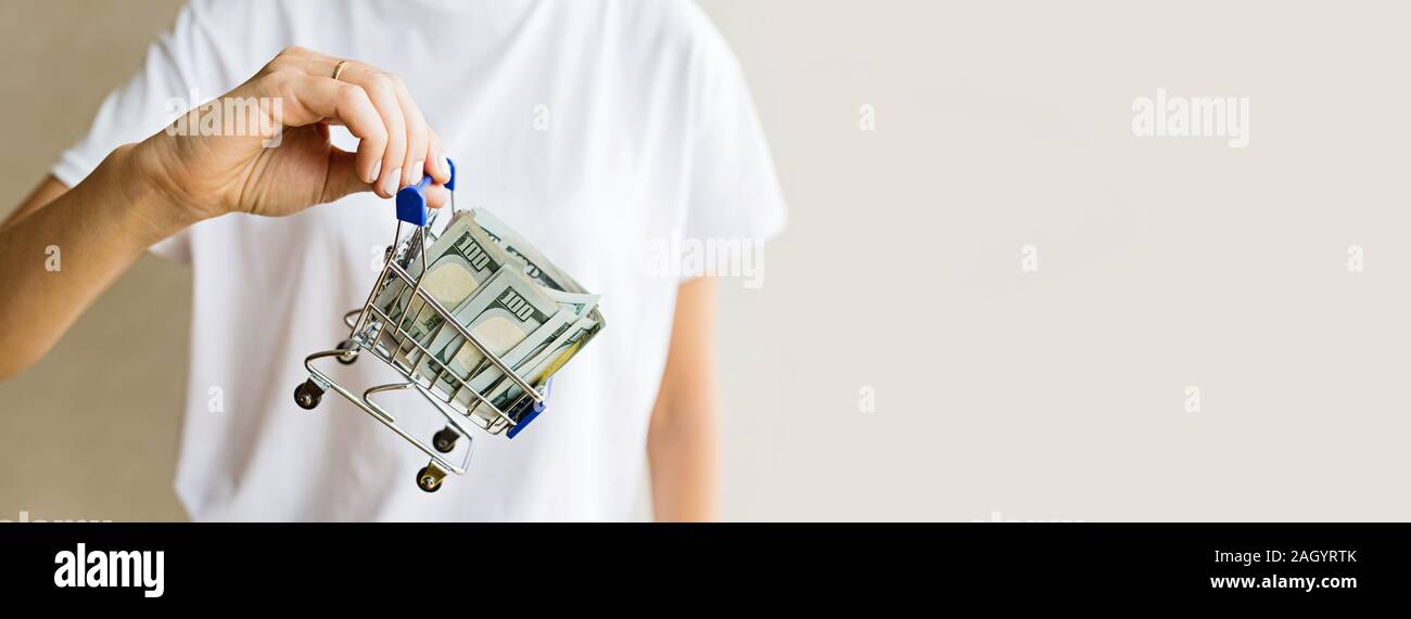 Download Female Hand Holding Mini Grocery Cart With Cash Money One Hundred Dollars Bills Shopping And Business Concept Mockup Template Web Banner With Copy Stock Photo Alamy