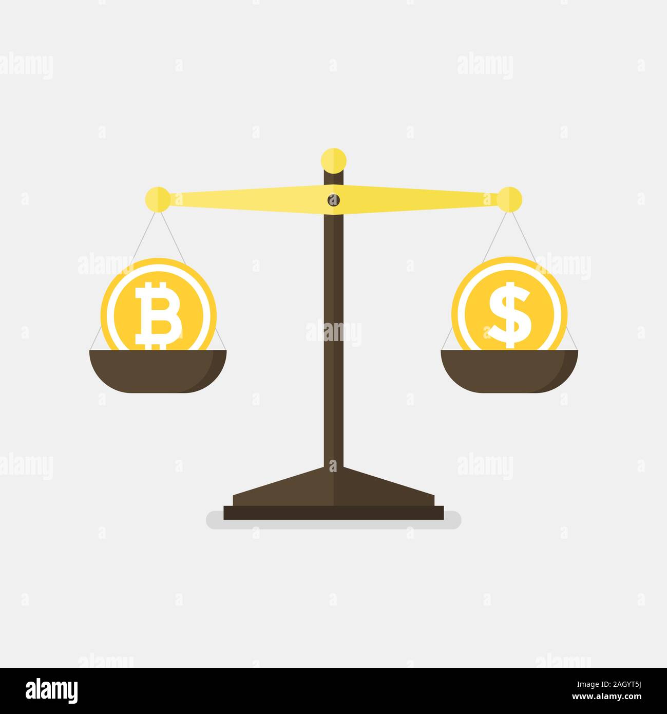 Bitcoin vs dollar vector concept with balance scales. Flat design vector. Stock Vector
