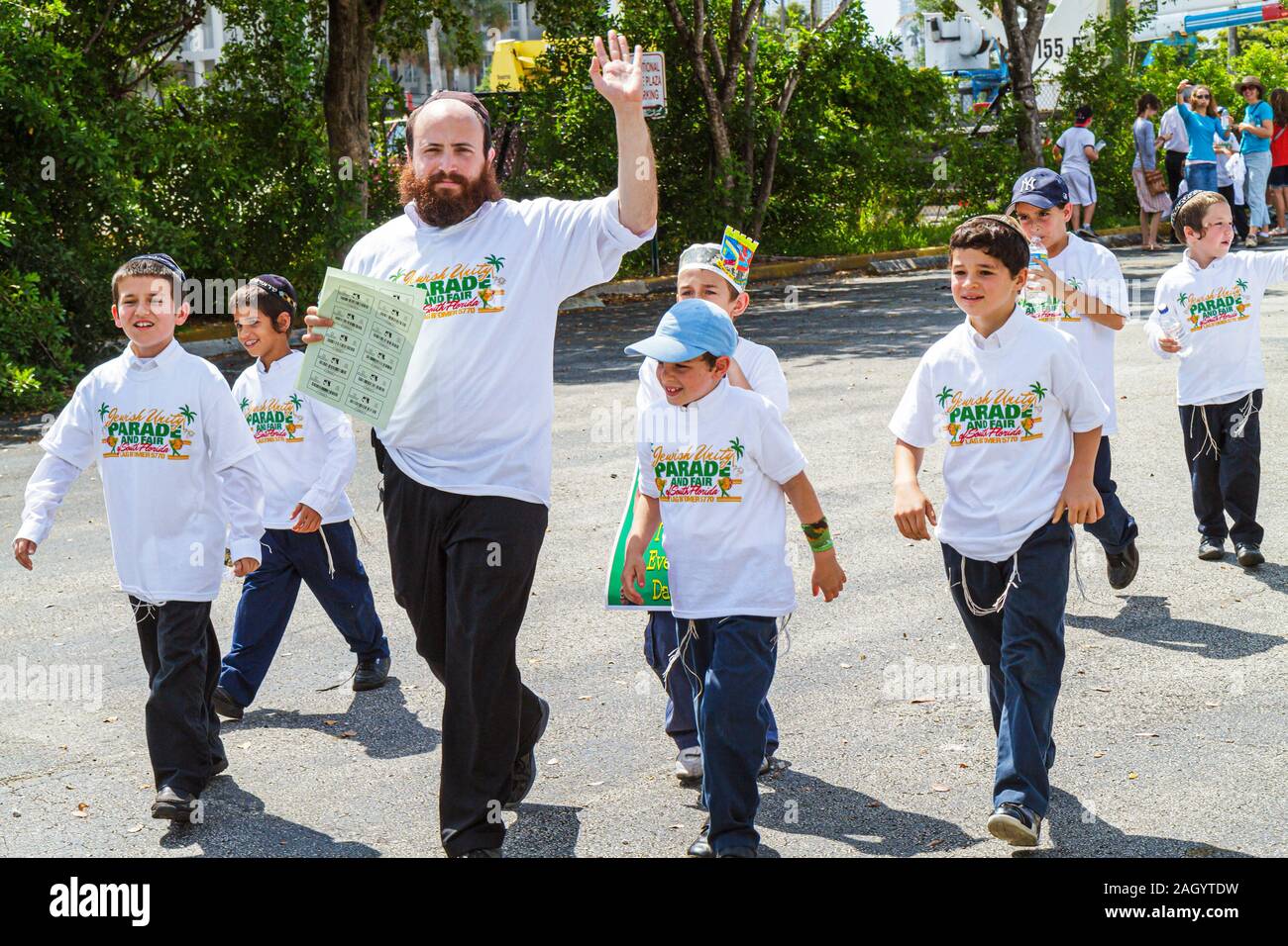 Miami Hallandale Florida,South Florida Jewish Community,Lag B'omer Jewish Unity Parade & Fair,Jew,boy boys male kids children teacher,teachers,student Stock Photo