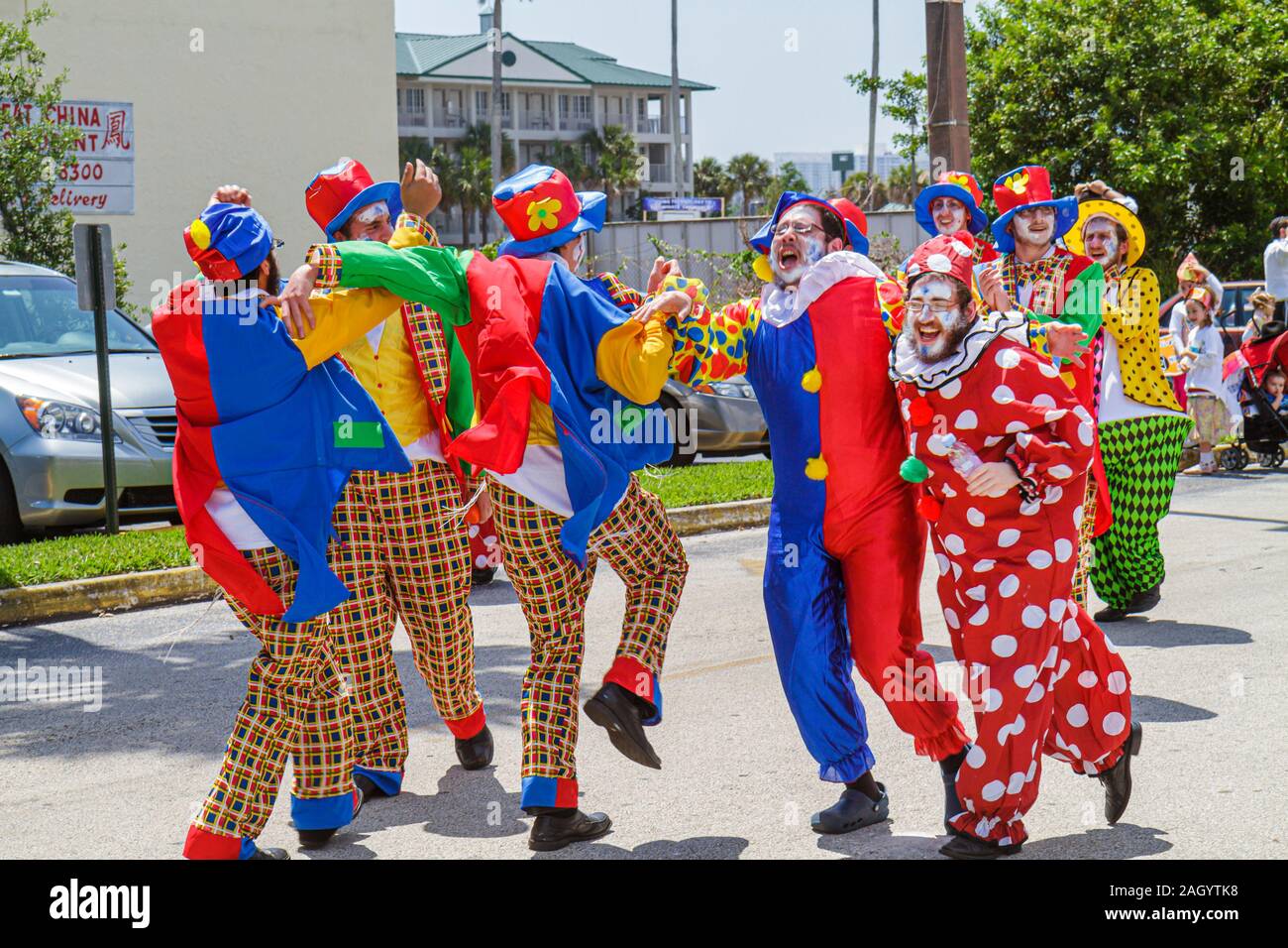 Miami Hallandale Florida,South Florida Jewish Community,Lag B'omer Jewish Unity Parade & Fair,Jew,clowns,dancing,FL100502053 Stock Photo
