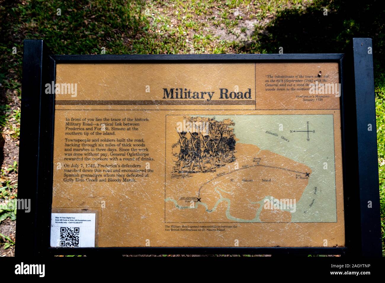 A plaque located at Fort Frederica National Monument commemorating the military road Stock Photo