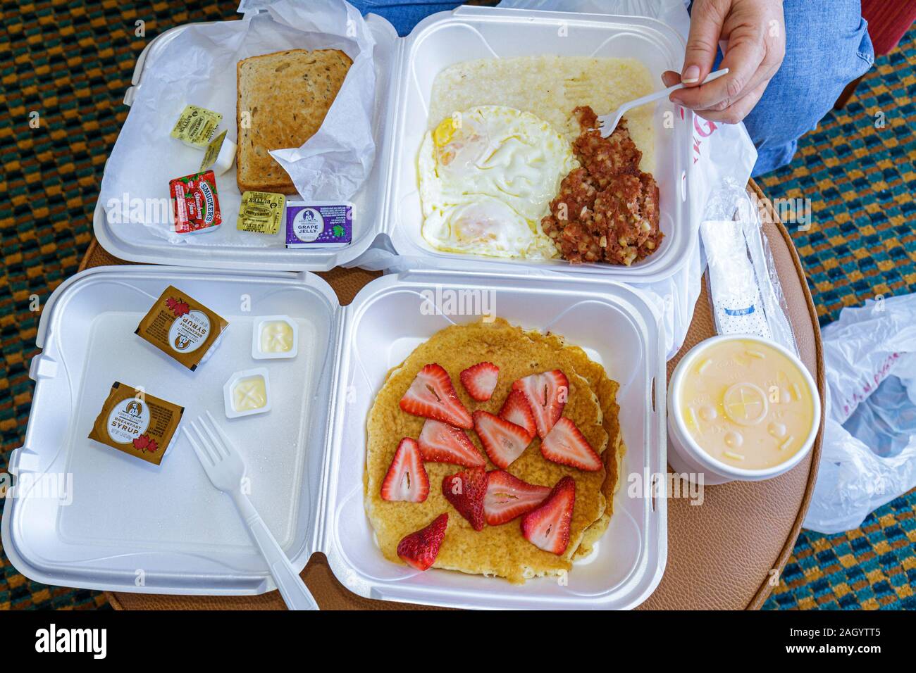 Miami Florida,food,take out,styrofoam container,eggs,pancakes,breakfast,FL100515024 Stock Photo