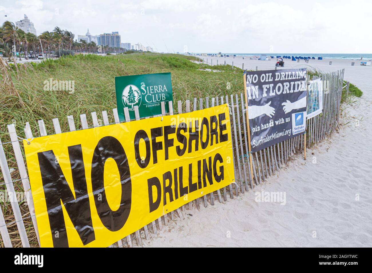 Miami Beach Florida,oil spill protest,offshore drilling,banner,sign,FL100515032 Stock Photo