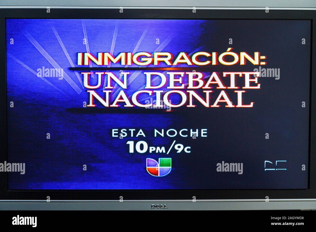 Miami Beach Florida,television,set,TV,flat panel,screen,monitor,cable channel,Spanish language,bilingual,immigration debate,visitors travel traveling Stock Photo
