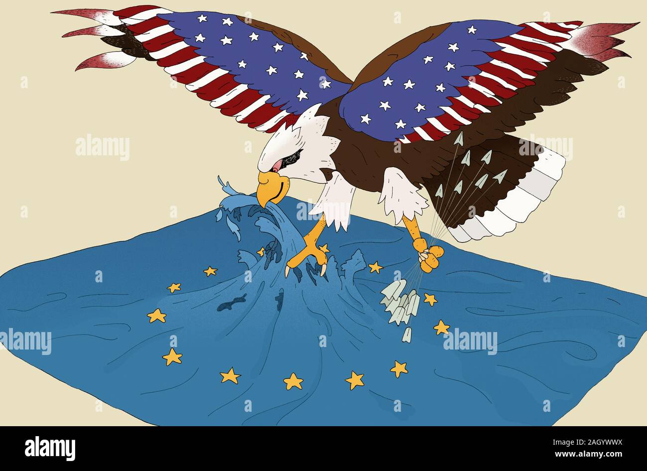 United States eagle attacking European Union flag Stock Photo