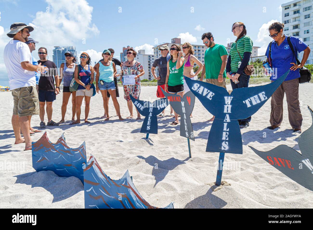 Miami Beach Florida,Greenpeace,demonstration,protest,Save the Whales,organizer,organizing,sign,logo,group,supporters,visitors travel traveling tour to Stock Photo