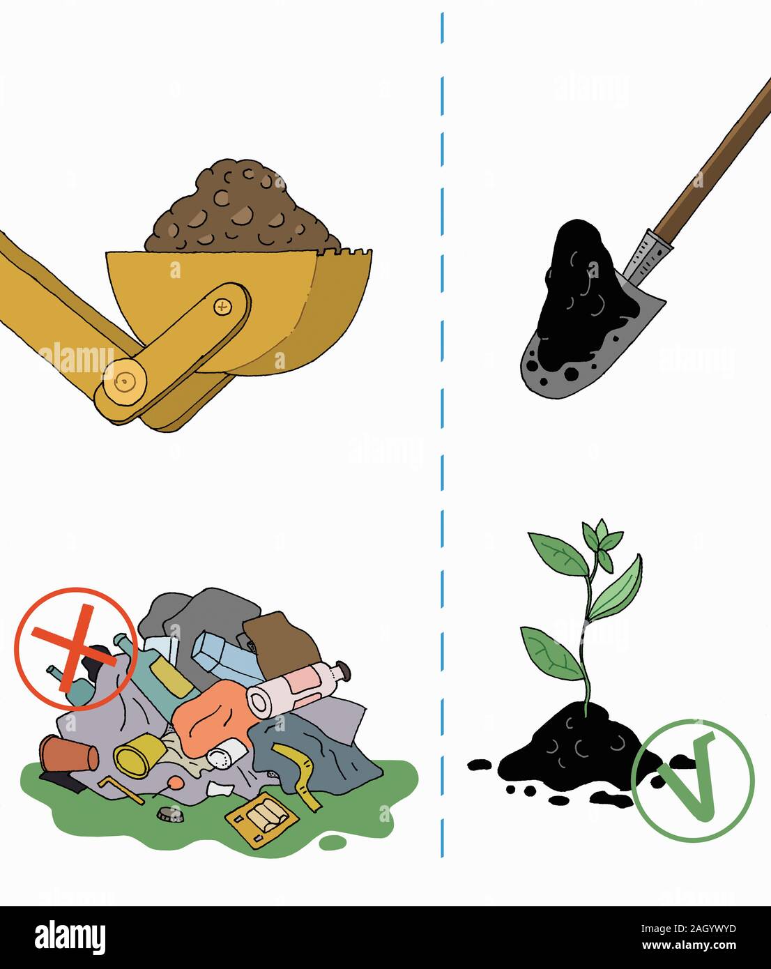 Contrast between using land for landfill versus growing plants Stock Photo