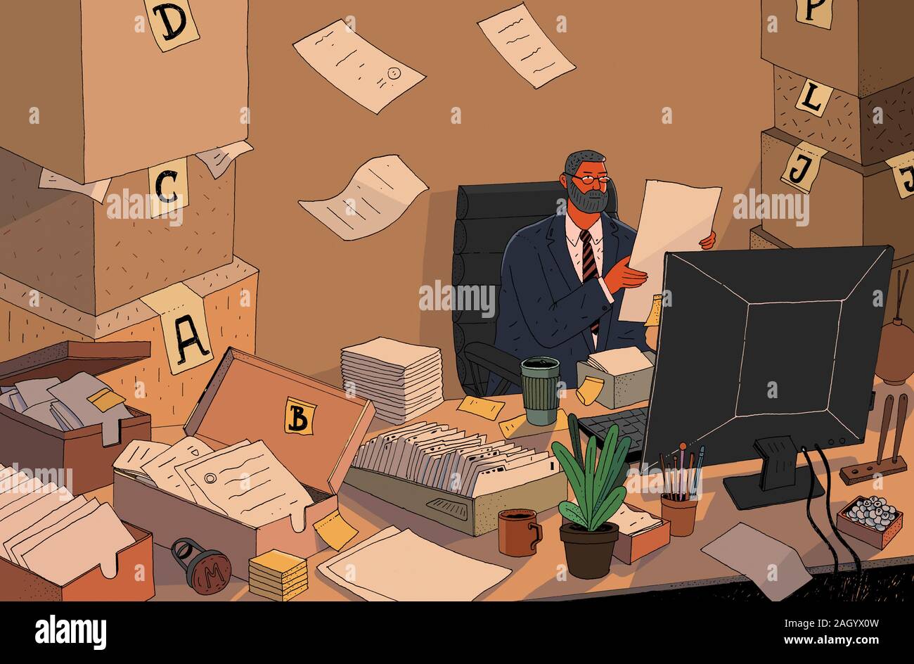 Overworked businessman with piles of paper Stock Photo