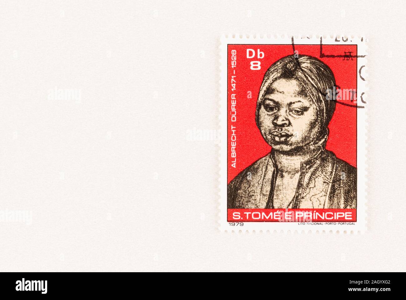 SEATTLE WASHINGTON - October 5, 2019: Portrait of 1521  by Albrecht Durer  of a Moorish woman on a Sao Tome and Principe postage stamp issued in 1979. Stock Photo