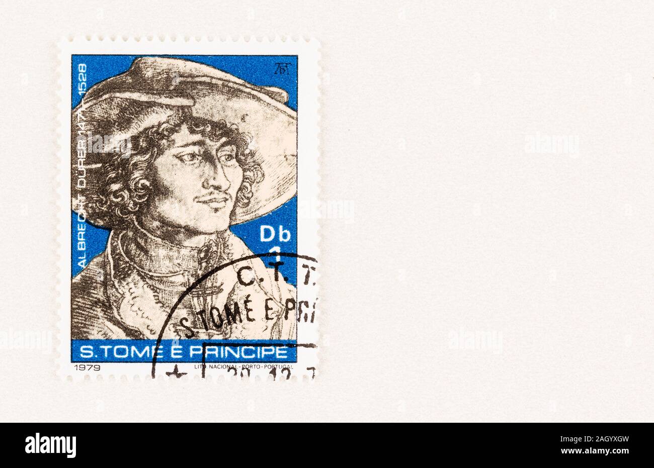 Portrait of 1503  by Albrecht Duerer  of elegant man with hat on Sao Tome and Principe postage issued in  in 1979. Stock Photo
