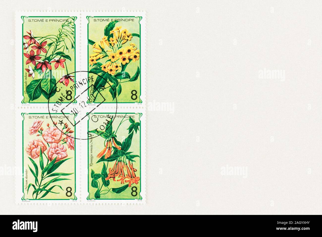 SEATTLE WASHINGTON - October 4, 2019: Group of four floral postage stamps of Sao Tome and Principe, issued in 1979 with copy space. Stock Photo